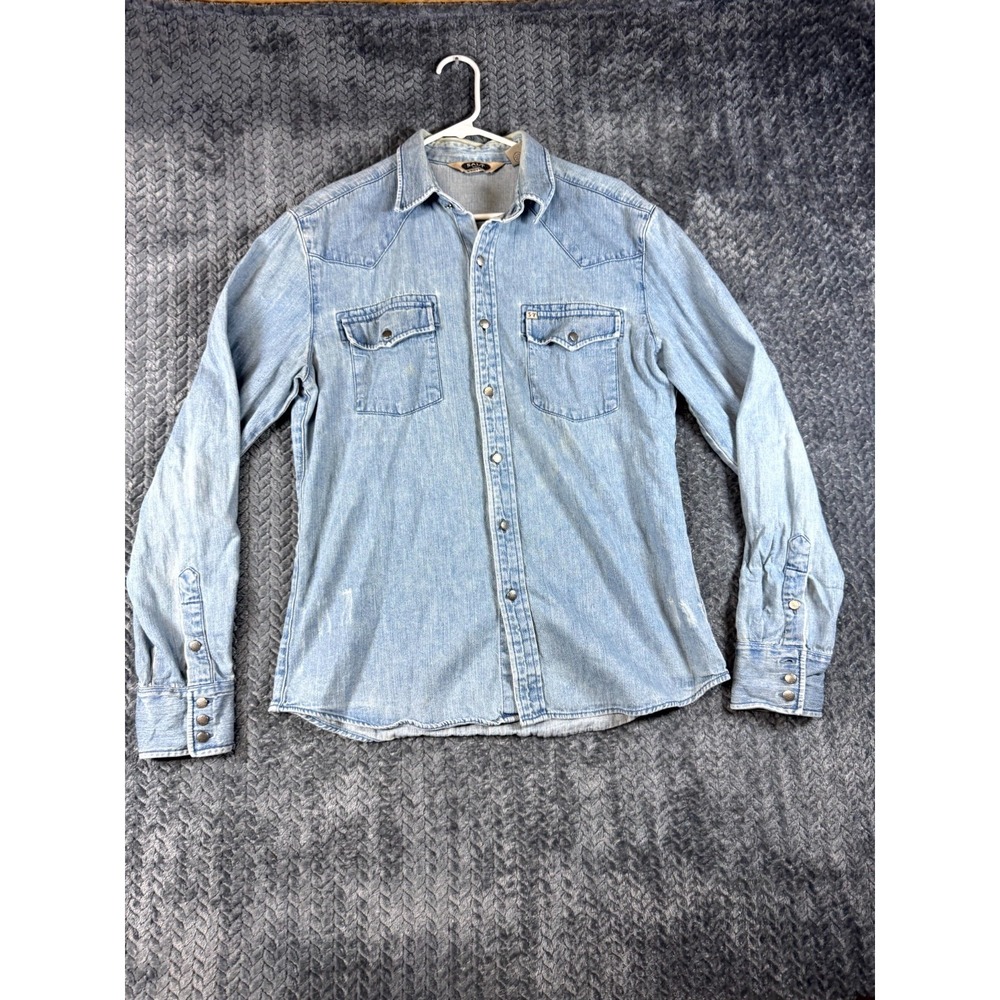 Salt Valley Western Shirt Mens Medium Blue Denim Cotton Flap Pocket Cowboy Snap